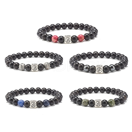 Natural Wood & Natural & Synthetic Mixed Stone Round Beads Stretch Bracelet BJEW-JB07164-1