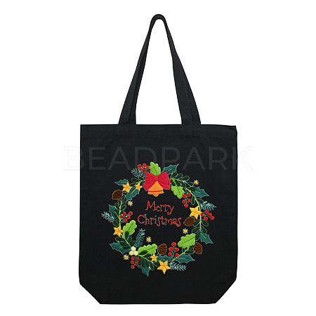 DIY Christmas Wreath Pattern Black Canvas Tote Bag Embroidery Kit PW23050615706-1