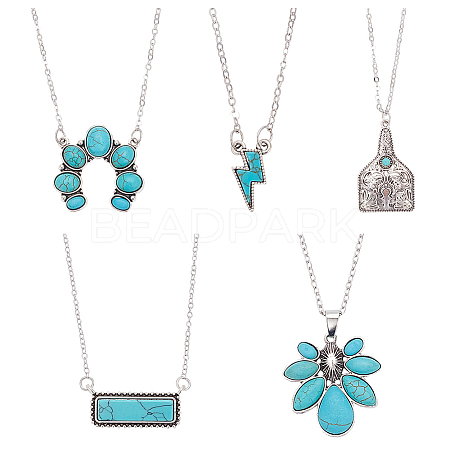 ANATTASOUL 5Pcs 5 Style Flower & Rectangle & Lightning & Cow Tag Synthetic Turquoise Pendant Necklaces Sets NJEW-AN0001-04-1