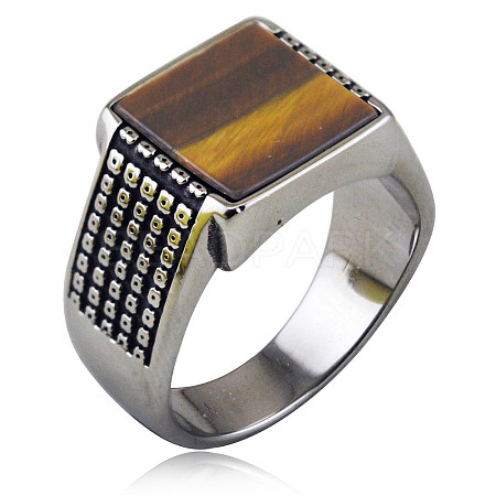 304 Stainless Steel with Natural Tiger Eye Finger Rings FS-WGC2D4C-07-1