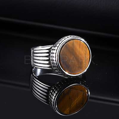 304 Stainless Steel with Natural Tiger Eye Finger Rings for Men FS-WGE1297-01-1