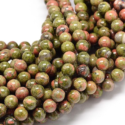 Natural Gemstone Unakite Round Bead Strands X-G-P075-35-6mm-1