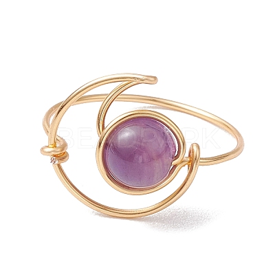 Round Natural Amethyst & Tiger Eye & Hemimorphite & Rainbow Moonstone Finger Rings RJEW-TA00144-1