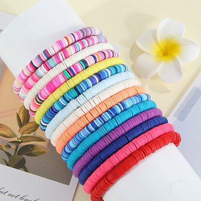 15Pcs Handmade Polymer Clay Beads Stretch Bracelets for Women BJEW-SW001597-1
