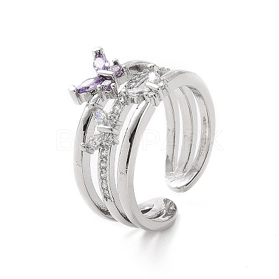 Violet Cubic Zirconia Butterfly Open Cuff Ring RJEW-C061-01P-1