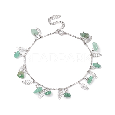 Natural Green Aventurine Chips & Leaf Charms Anklet AJEW-AN00512-05-1
