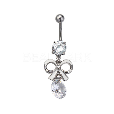 316L Surgical Stainless Steel Pave Cubic Zirconia Bowknot Curved Barbell Dangle Belly Rings FS-WG3E776-04-1
