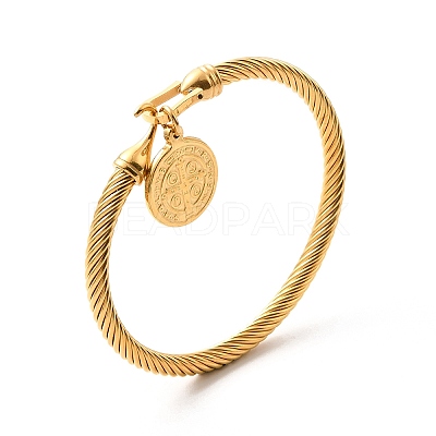 Ion Plating(IP) 304 Stainless Steel Saint Benedict Charms Twist Rope Bangle for Women BJEW-P283-06G-1