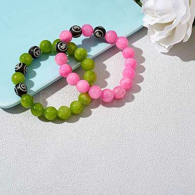 Hot Pink Gold Natural Yellow Jade Round Beaded Stretch Bracelet BJEW-SW00077-05-1
