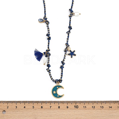 304 Stainless Steel Blue Enamel Moon Pendant Cotton Cord Adjustable Necklaces NJEW-C093-04G-1