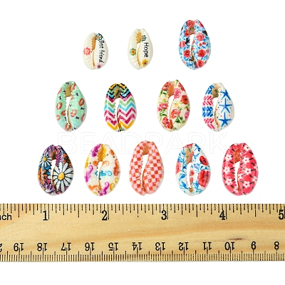 60Pcs 12 Styles Printed Natural Shell Beads BSHE-FS0001-08-1