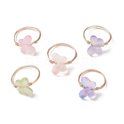Glass Butterfly Beaded Finger Rings RJEW-JR00537-1