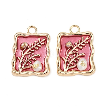Brass Enamel & Natural Pearl Rectangle with Flower Pendants KK-K351-51G-01-1
