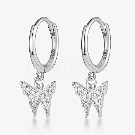 Rhodium Plated 925 Sterling Silver Micro Pave Cubic Zirconia Dangle Hoop Earrings QR5744-2-1