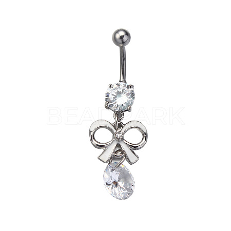 316L Surgical Stainless Steel Pave Cubic Zirconia Bowknot Curved Barbell Dangle Belly Rings FS-WG3E776-04-1
