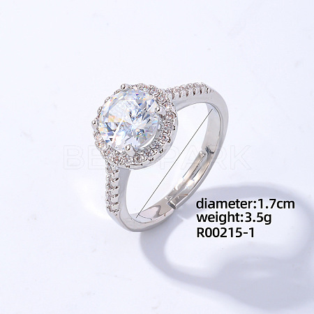 Flat Round Platinum Brass Adjustable Ring with Cubic Zirconia EG7863-29-1