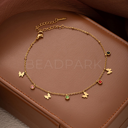 304 Stainless Steel Pave Colorful Cubic Zirconia Charm Anklets for Women FS-WG43DDA-09-1
