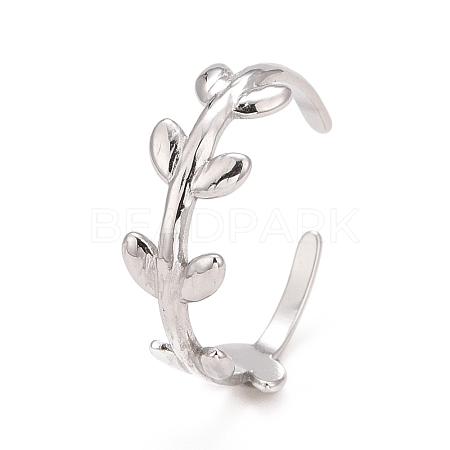 304 Stainless Steel Leaf Wrap Open Cuff Ring for Women RJEW-C025-15P-1