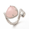 Natural Rose Quartz Heart with Snake Open Cuff Ring RJEW-P082-02P-12-2