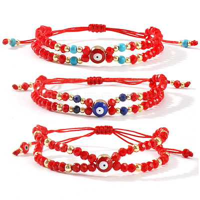 3Pcs Handmade Glass & Natural Lapis Lazuli & Synthetic Turquoise Rondelle Beaded Multi-layered Braided Bead Bracelets LO5991-10-1