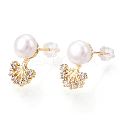 Clear Cubic Zirconia Tree of Life Stud Earrings with Natural Pearl PEAR-N020-06I-1