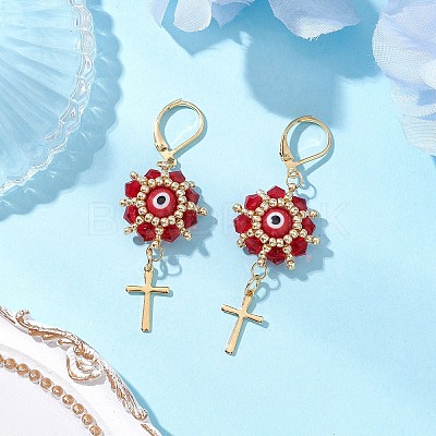 Evil Eye with Cross 304 Stainless Steel Glass Seed Beads Leverback Earrings EJEW-MZ00420-01-1