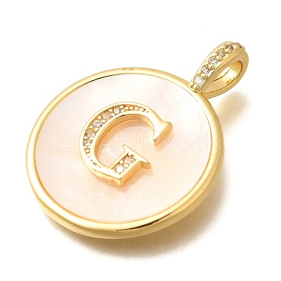Rack Plating Brass Micro Pave Clear Cubic Zirconia Pendants with Shell KK-M309-42G-G-1