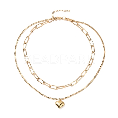 PVD Vacuum Plating 304 Stainless Steel Double Chains Multi Layered Necklace with Heart Charm for Women STAS-E155-24G-1