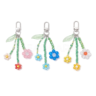 3Pcs Colors Cat Eye & Glass Seed Beaded Flower Pendant Decorations HJEW-TA00383-1