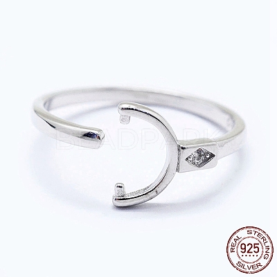 Anti-Tarnish Adjustable Rhodium Plated 925 Sterling Silver Cuff Finger Design Ring Mounts Fittings with Pearl Seat STER-I016-045P-1