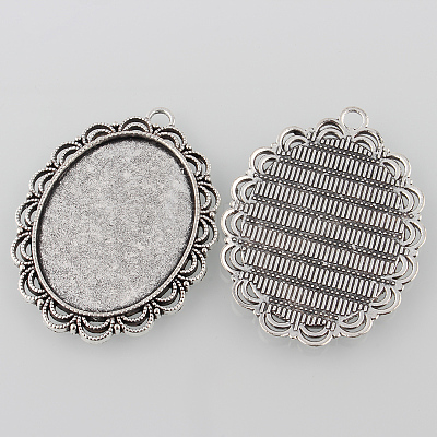 Tibetan Style Antique Silver Alloy Flat Oval Pendant Cabochon Settings X-TIBEP-M022-58AS-1