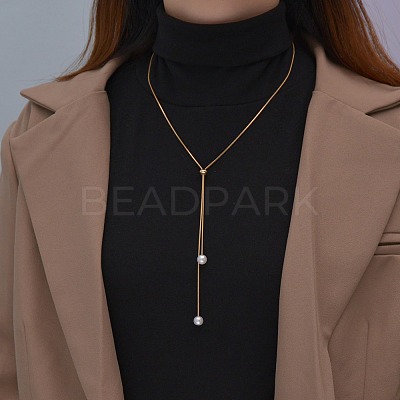 Alloy Snake Chain Slider Lariat Necklaces with Plastic Imitation Pearl Round Beads WG87CD3-01-1