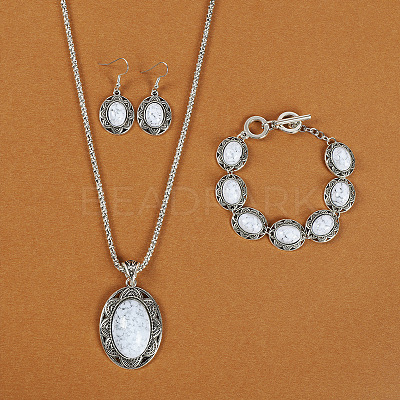 Oval Alloy with Synthetic Turquoise Pendant Necklaces & Dangle Earrings & Link Bracelets Sets WGD1135-01-1