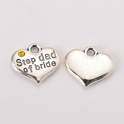 Wedding Theme Antique Silver Tone Tibetan Style Alloy Heart with Step Dad of Bride Rhinestone Charms TIBEP-N005-22D-1