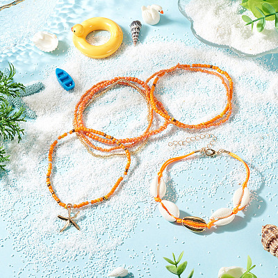 2 Bags Summer Beach Glass Seed Beaded & Natural Shell & Alloy Starfish Charm Anklet Sets AJEW-TA0003-69C-1