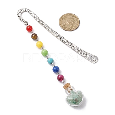 7 Chakra Gemstone Bead & Natural Green Aventurine Glass Heart Wishing Bottle Pendant Bookmarks AJEW-JK00313-06-1