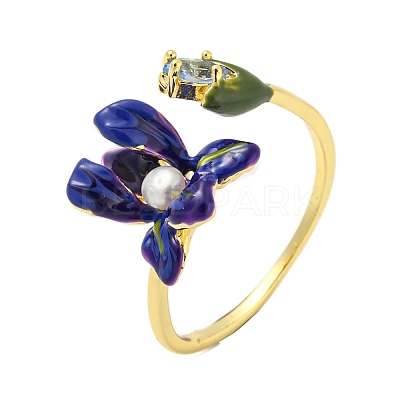 Flower Brass Enamel Open Cuff Rings RJEW-H220-24G-1