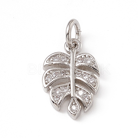 Brass Micro Pave Clear Cubic Zirconia Leaf Charms ZIRC-F132-62P-1