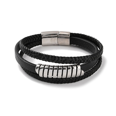 Men's Braided Black PU Leather Cord Multi-Strand Bracelets BJEW-K243-03P-1
