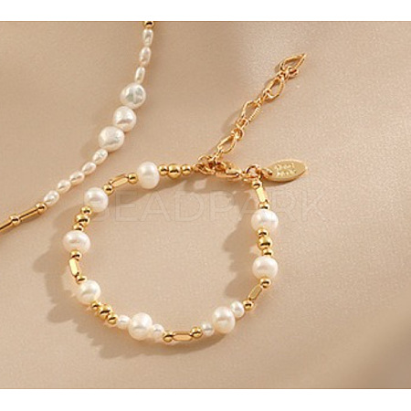 Brass & Natural Fresh Water Pearl Beaded Bracelets FS-WG15240-02-1