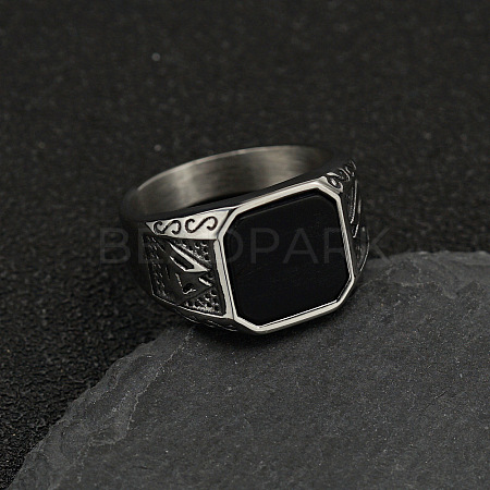 304 Stainless Steel with Natural Black Agate Finger Rings FS-WG06E27-25-1