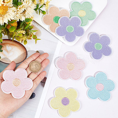 Macaron Color 5-Petal Flower Shape Iron on/Sew on Computerized Embroidery Polyester Clothing Patches DIY-WH0401-62-1