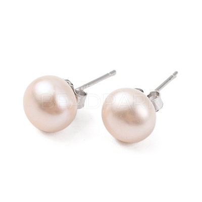Natural Pearl Round Bead Stud Earrings EJEW-E298-01D-03P-1