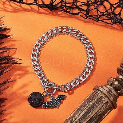 3Pcs 3 Colors Halloween Alloy Enamel Bat and Dyed Synthetic Turquoise Pumpkin Charm 304 Stainless Steel Bracelet Sets BJEW-JB12446-1