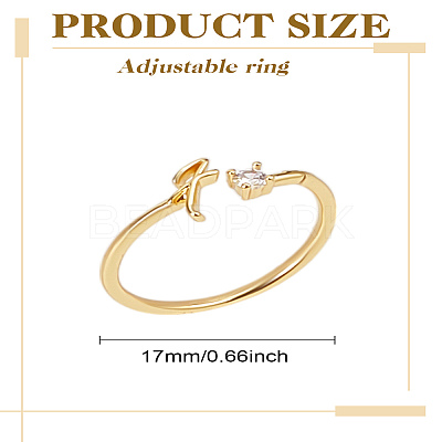 1Pc Letter Brass Rhinestone Open Cuff Rings for Women AJEW-LP0004-47F-G-1