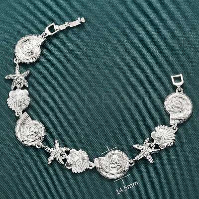 Summer Beach Brass Micro Pave Clear Cubic Zirconia Starfish & Shell Shape Link Chain Bracelets LS-BJEW-C118-02A-P-1
