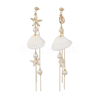 Brass Glass Pearl Shell Shape Dangle Stud Earrings EJEW-TA00764-1