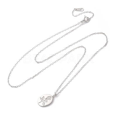 925 Sterling Silver Oval with Engraved Rose Flower Pendant Necklaces for Women NJEW-D316-03P-1
