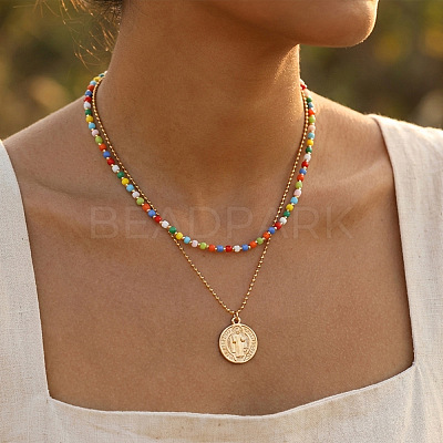 Boho Colorful Glass Seed Beaded Double Layer Necklaces with Stainless Steel Religion Saint Benedict Medal Pendant OL9548-1-1
