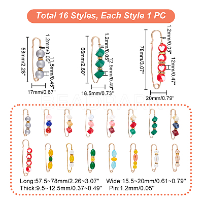 16Pcs 16 Style Resin Imitation Gemstone & Crystal Rhinestone Beaded Safety Pin Brooches JEWB-PH0001-27-1